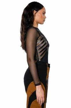 AFTER DARK FAUX LEATHER PANEL LONG SLEEVE MESH BODYSUIT