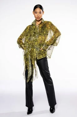 ALL OVER ASYMMETRICAL BUTTONDOWN BLOUSE -AKIRA store all over asymmetrical buttondown blouse yellow multi 3 3