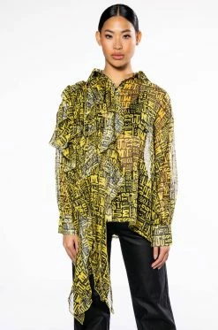 ALL OVER ASYMMETRICAL BUTTONDOWN BLOUSE -AKIRA store all over asymmetrical buttondown blouse yellow multi 4 4