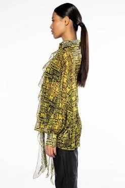 ALL OVER ASYMMETRICAL BUTTONDOWN BLOUSE -AKIRA store all over asymmetrical buttondown blouse yellow multi 5 5