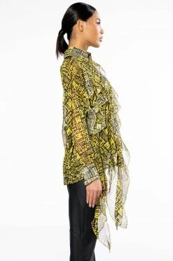 ALL OVER ASYMMETRICAL BUTTONDOWN BLOUSE -AKIRA store all over asymmetrical buttondown blouse yellow multi 6 6