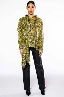 ALL OVER ASYMMETRICAL BUTTONDOWN BLOUSE -AKIRA store all over asymmetrical buttondown blouse yellow multi 9 9