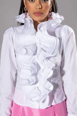 CALISTA STATEMENT RUFFLE COLLAR BUTTON DOWN BLOUSE -AKIRA store calista statement ruffle collar button down blouse white 7 7