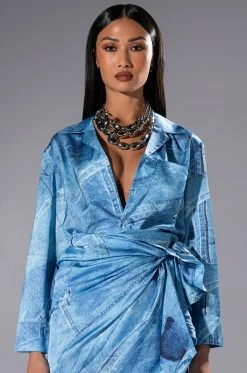 CALL IT WHAT YOU WANT DENIM PRINT BUTTON DOWN AND WRAP SKIRT SET