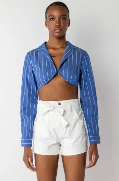 CIRCLE BACK COLLARED BODYSUIT -AKIRA store circle back collared bodysuit blue multi 3 3