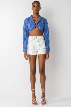 CIRCLE BACK COLLARED BODYSUIT -AKIRA store circle back collared bodysuit blue multi 7 7