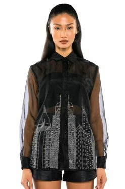 CITY LIGHTS LONG SLEEVE RHINESTONE BUTTON DOWN