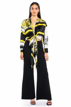 COLORFUL TIE FRONT SATIN BLOUSE -AKIRA store colorful tie front satin blouse yellow multi 3 3
