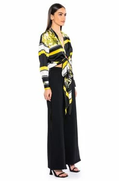 COLORFUL TIE FRONT SATIN BLOUSE -AKIRA store colorful tie front satin blouse yellow multi 4 4