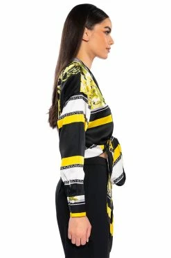 COLORFUL TIE FRONT SATIN BLOUSE -AKIRA store colorful tie front satin blouse yellow multi 5 5