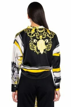 COLORFUL TIE FRONT SATIN BLOUSE -AKIRA store colorful tie front satin blouse yellow multi 6 6