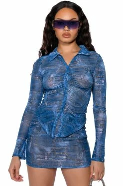 DIFFERENT THAN YOU DENIM PRINT MESH MINI SKIRT -AKIRA store different than you denim print mesh mini skirt blue multi 3 3