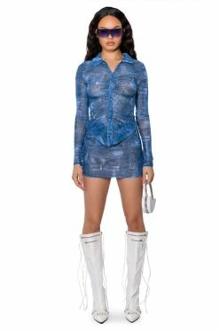 DIFFERENT THAN YOU DENIM PRINT MESH MINI SKIRT -AKIRA store different than you denim print mesh mini skirt blue multi 4 4