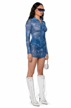 DIFFERENT THAN YOU DENIM PRINT MESH MINI SKIRT -AKIRA store different than you denim print mesh mini skirt blue multi 5 5