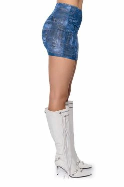 DIFFERENT THAN YOU DENIM PRINT MESH MINI SKIRT -AKIRA store different than you denim print mesh mini skirt blue multi 7 7