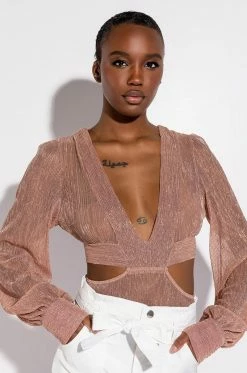 DISCO DIVA DEEP V LONG SLEEVE BODYSUIT WITH CUTOUTS