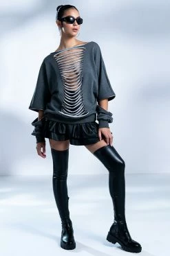 SPOTLIGHT SHREDDED ZIP SLEEVE SWEATSHIRT -AKIRA store forever favorite shredded detail sweatshirt grey 3 3