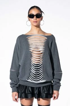 SPOTLIGHT SHREDDED ZIP SLEEVE SWEATSHIRT -AKIRA store forever favorite shredded detail sweatshirt grey 4 4