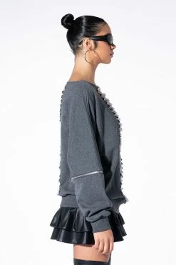 SPOTLIGHT SHREDDED ZIP SLEEVE SWEATSHIRT -AKIRA store forever favorite shredded detail sweatshirt grey 5 5
