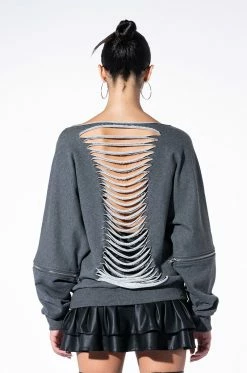 SPOTLIGHT SHREDDED ZIP SLEEVE SWEATSHIRT -AKIRA store forever favorite shredded detail sweatshirt grey 6 6