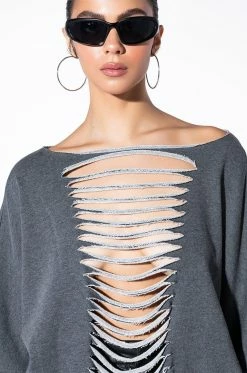 SPOTLIGHT SHREDDED ZIP SLEEVE SWEATSHIRT -AKIRA store forever favorite shredded detail sweatshirt grey 7 7