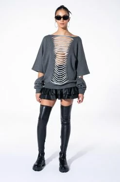 SPOTLIGHT SHREDDED ZIP SLEEVE SWEATSHIRT -AKIRA store forever favorite shredded detail sweatshirt grey 8 8