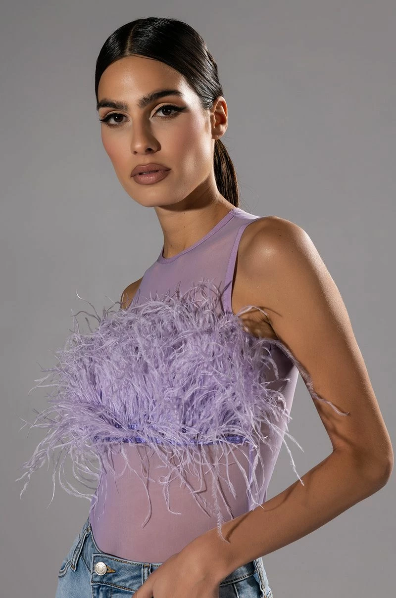 HAPPILY EVER AFTER SLEEVELESS FEATHER TOP IN LIGHT PURPLE