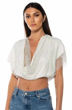 INDIGO DRAPED RHINESTONE MESH BLOUSE IN WHITE