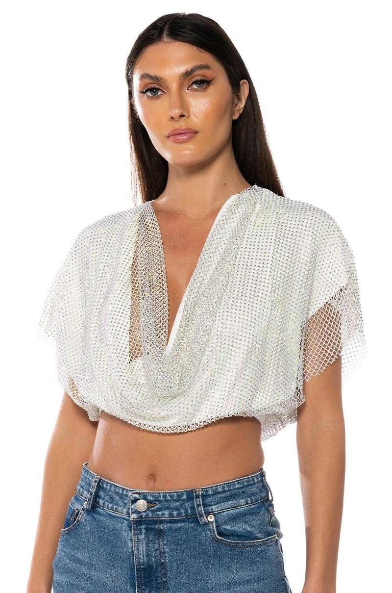 INDIGO DRAPED RHINESTONE MESH BLOUSE IN WHITE