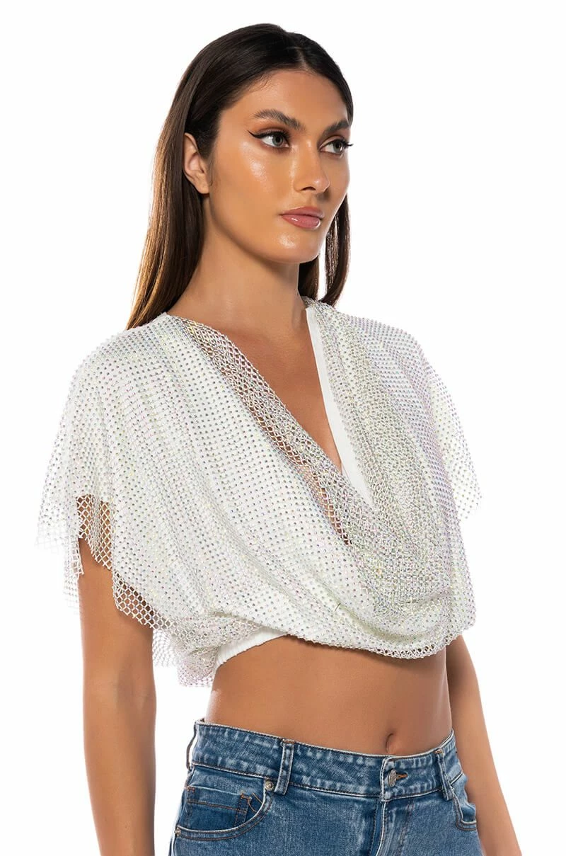 INDIGO DRAPED RHINESTONE MESH BLOUSE IN WHITE - Image 2