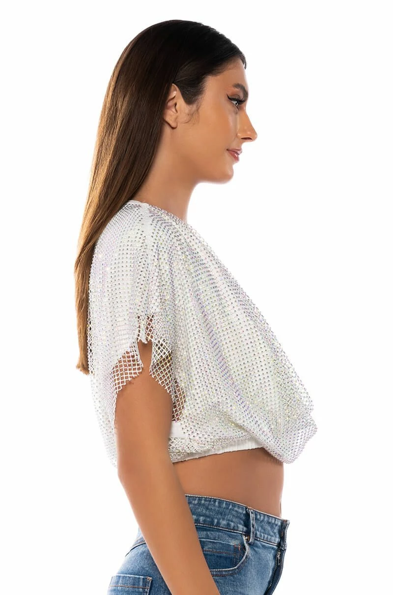 INDIGO DRAPED RHINESTONE MESH BLOUSE IN WHITE - Image 4