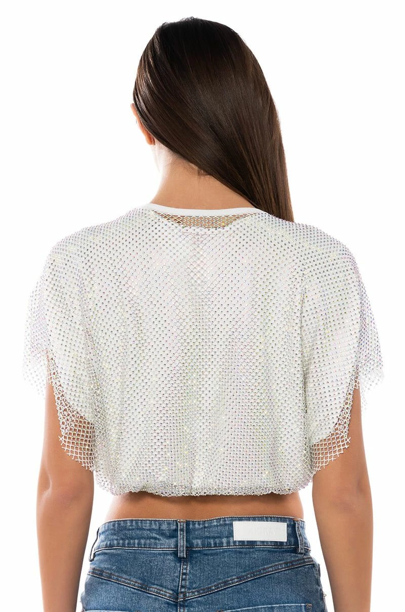 INDIGO DRAPED RHINESTONE MESH BLOUSE IN WHITE - Image 5