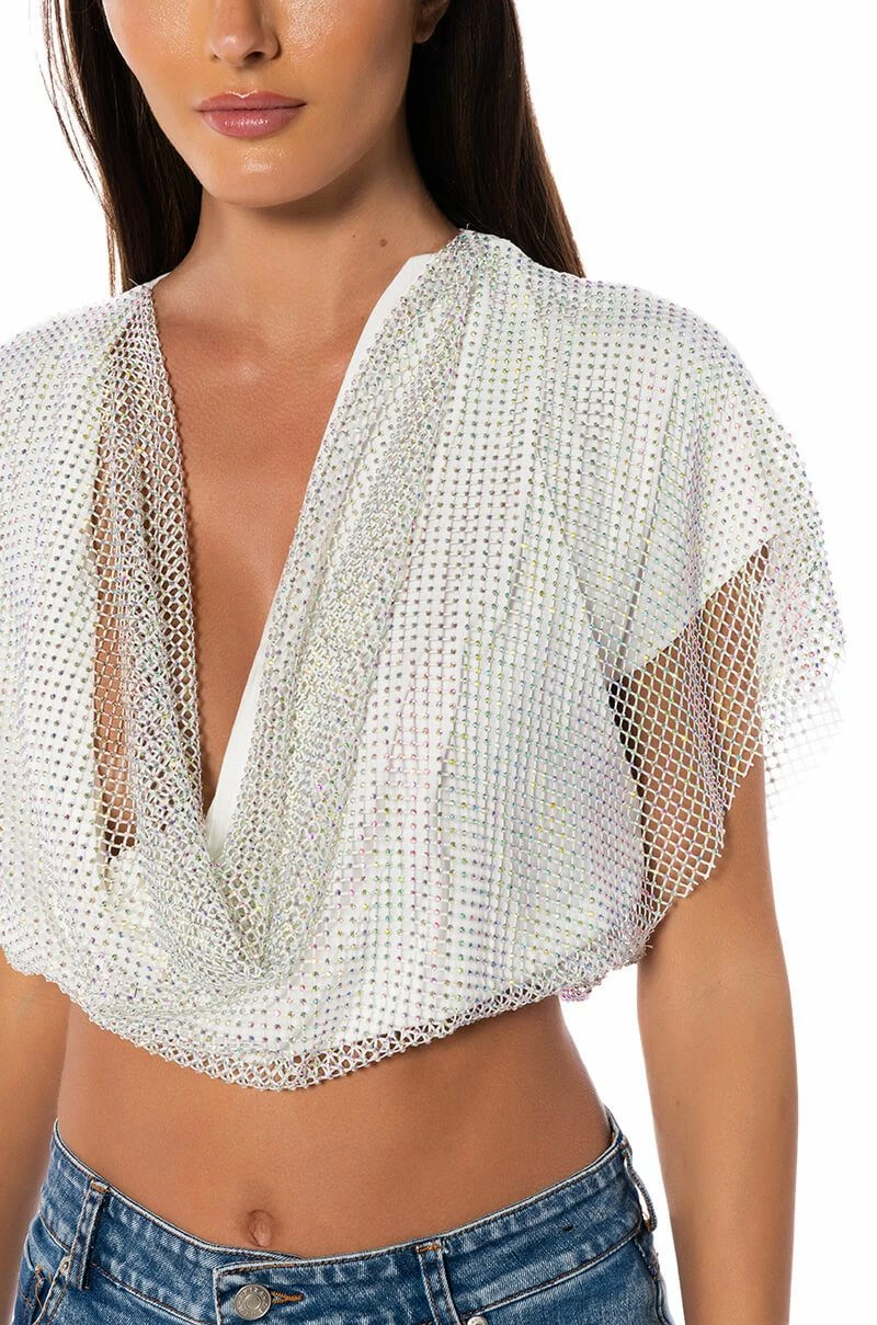 INDIGO DRAPED RHINESTONE MESH BLOUSE IN WHITE - Image 6
