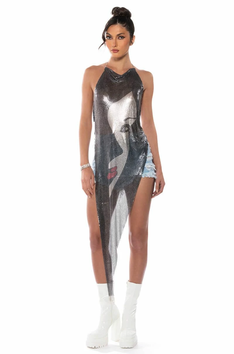 JUST ONE LOOK ASYMMETRICAL HIGH SHINE CHAINMAIL TOP