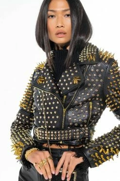 LUCIFER GOLD SPIKE STUD MOTO JACKET