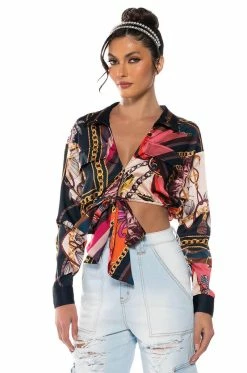 MALIBU SCARF PRINT TIE FRONT BLOUSE