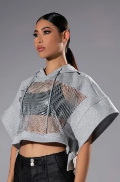 MIDNIGHT CALLS CROPPED DOLMAN SLEEVE RHINESTONE HOODIE