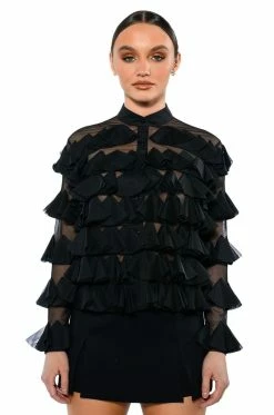 MISS EVERYTHING MESH RUFFLE BUTTON DOWN TOP