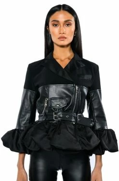 NEW BEGINNINGS THREE QUARTER SLEEVE BELTED PEPLUM MOTO JACKET