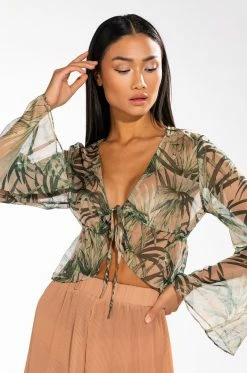 ONE WITH NATURE LONG SLEEVE TIE FRONT CHIFFON BLOUSE