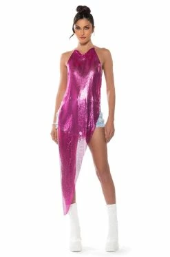 POP OF PINK ASYMMETRICAL HIGH SHINE CHAINMAIL TOP