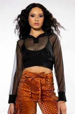 STRIKE OUT SHEER MESH CROP POLO TOP