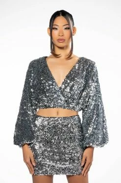VIVA LAS VEGAS LONG SLEEVE CROPPED WRAP BLOUSE
