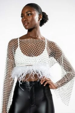 WANT MORE RHINESTONE MESH CROP TOP WITH FEATHER TRIM