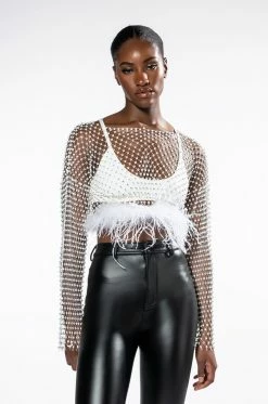 WANT MORE RHINESTONE MESH CROP TOP WITH FEATHER TRIM -AKIRA store want more rhinestone mesh crop top with feather trim white 3 3