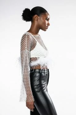 WANT MORE RHINESTONE MESH CROP TOP WITH FEATHER TRIM -AKIRA store want more rhinestone mesh crop top with feather trim white 4 4