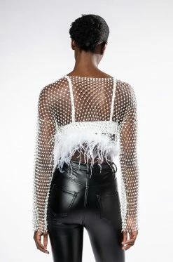 WANT MORE RHINESTONE MESH CROP TOP WITH FEATHER TRIM -AKIRA store want more rhinestone mesh crop top with feather trim white 5 5