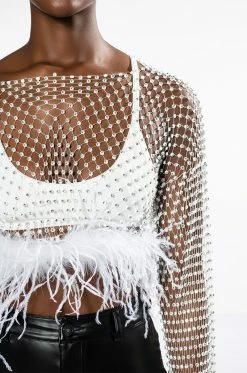 WANT MORE RHINESTONE MESH CROP TOP WITH FEATHER TRIM -AKIRA store want more rhinestone mesh crop top with feather trim white 6 6