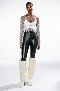 WANT MORE RHINESTONE MESH CROP TOP WITH FEATHER TRIM -AKIRA store want more rhinestone mesh crop top with feather trim white 7 7