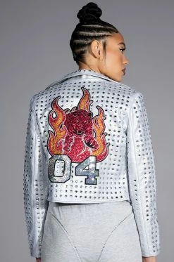 YEAR OF THE TIGER SILVER METALLIC RHINESTONE MOTO JACKET